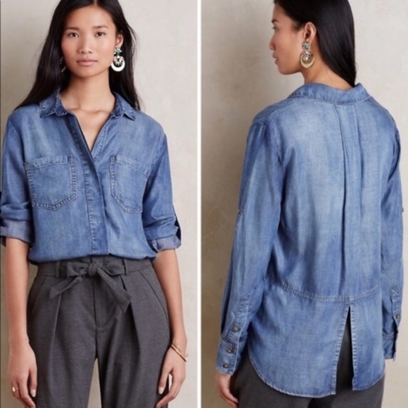 Anthropologie Cloth & Stone Split Back Chambray Button Down Blue Size Medium - Picture 2 of 11